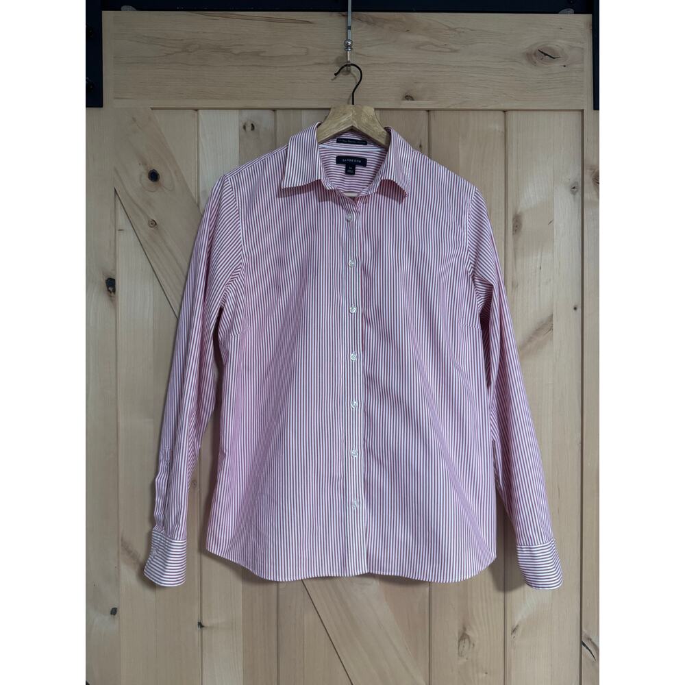 Land's End | No Iron Pintuck Oxford Red White Striped Dress Shirt | Size 14